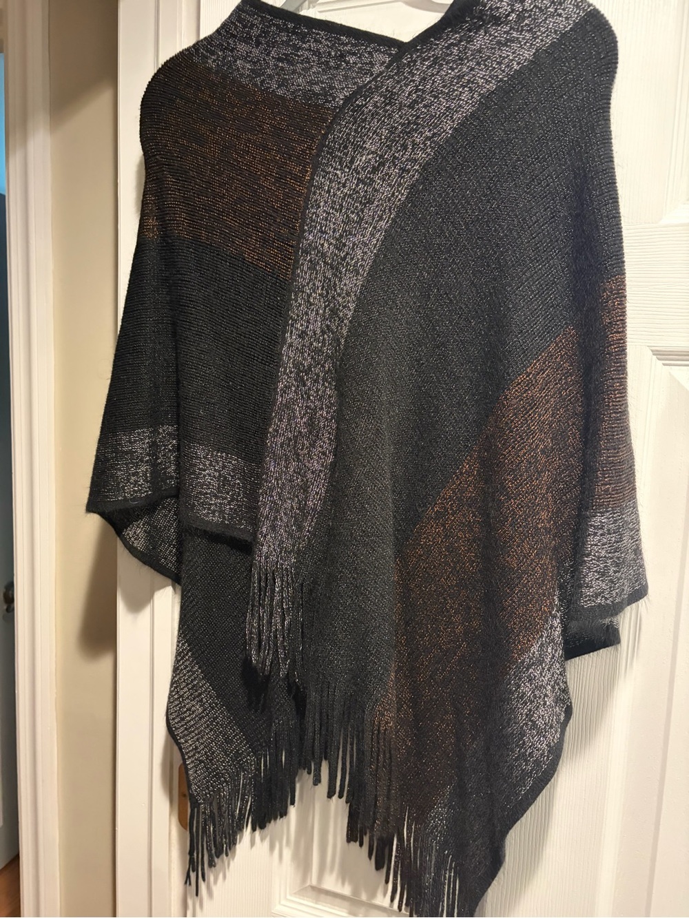 Colorblock Fringe Knit Wrap Poncho in Black and Brown
